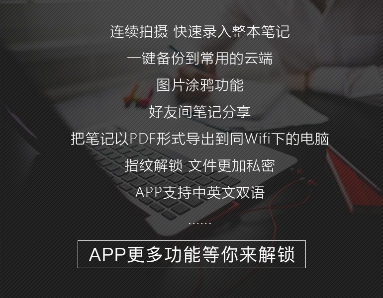 连续拍摄，图片涂鸦，笔记分享，导出PDF，指纹解锁，文件加密